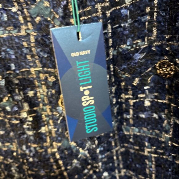 Old Navy Studio Spotlight Womens Tweed Jacket Navy & Metallic Gold Plaid Button- - Picture 3 of 6
